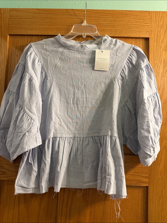 Andthewhy Tops - Cotton On Light Blue Puff-Sleeve Peplum Blouse